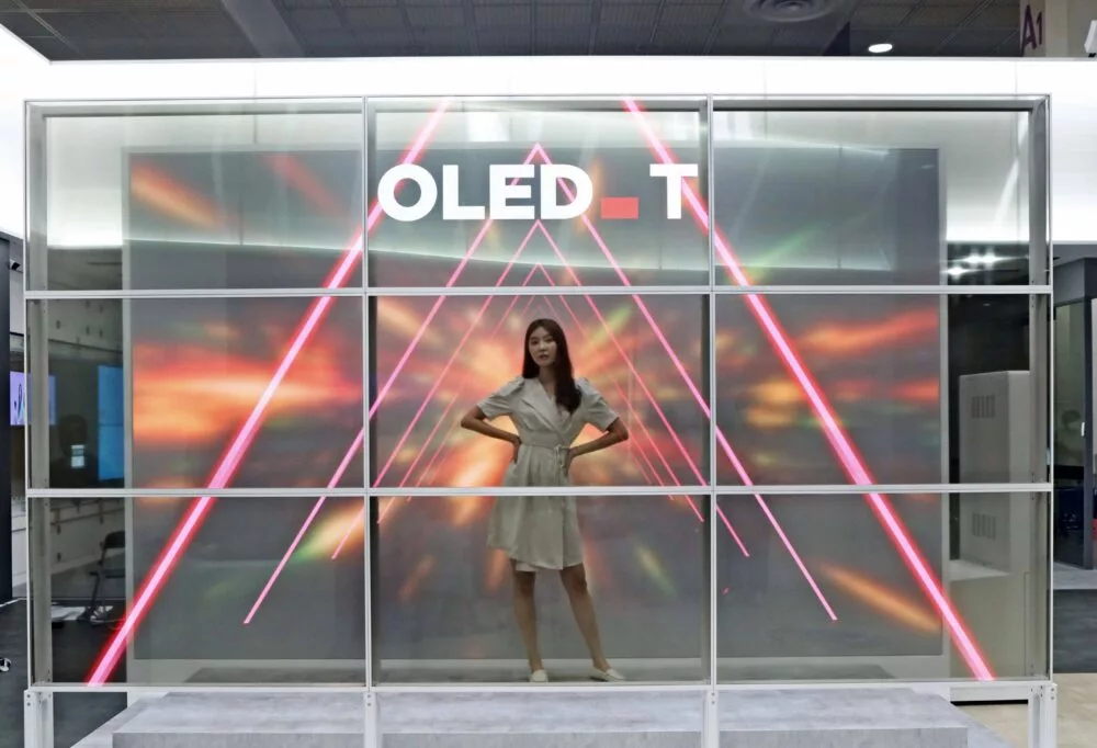 LG Display is demonstrating transparent OLED technology at the K-Display 2022 expo in Seoul, Korea, including this 16-panel setup