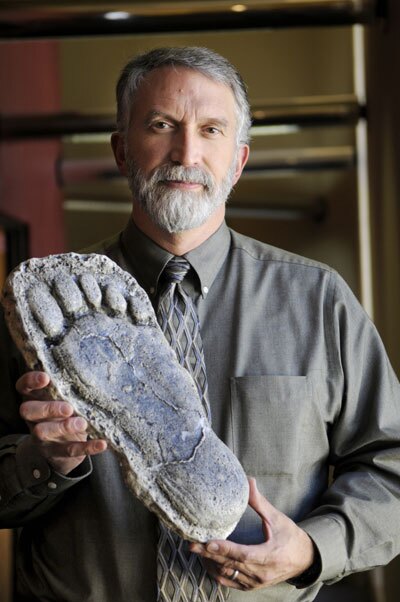 Idaho State University anthropologist Dr. Jeff Meldrum, with the cast of a footprint attributed to you-know-who