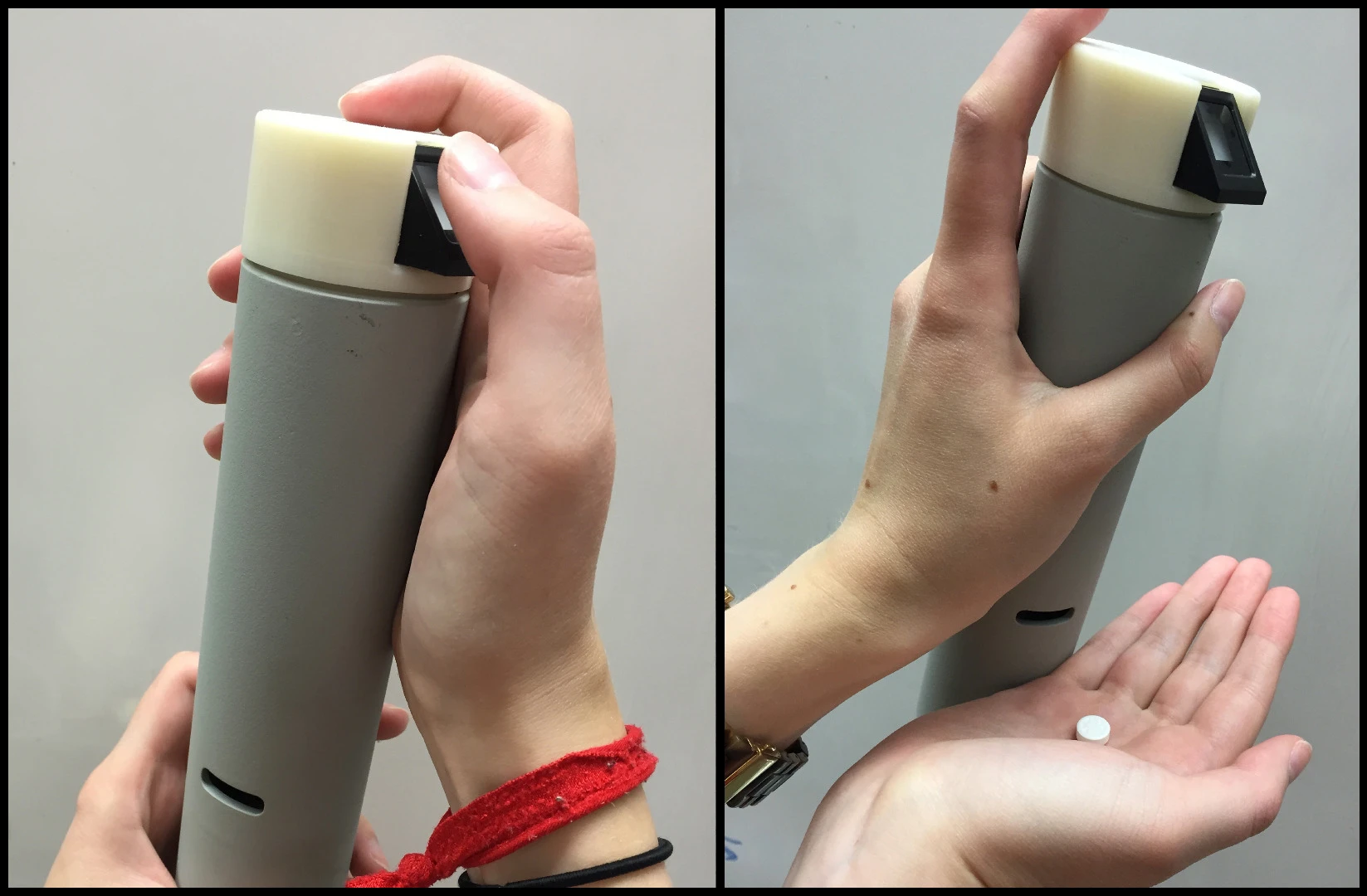 The fingerprint-reading pill dispenser in use