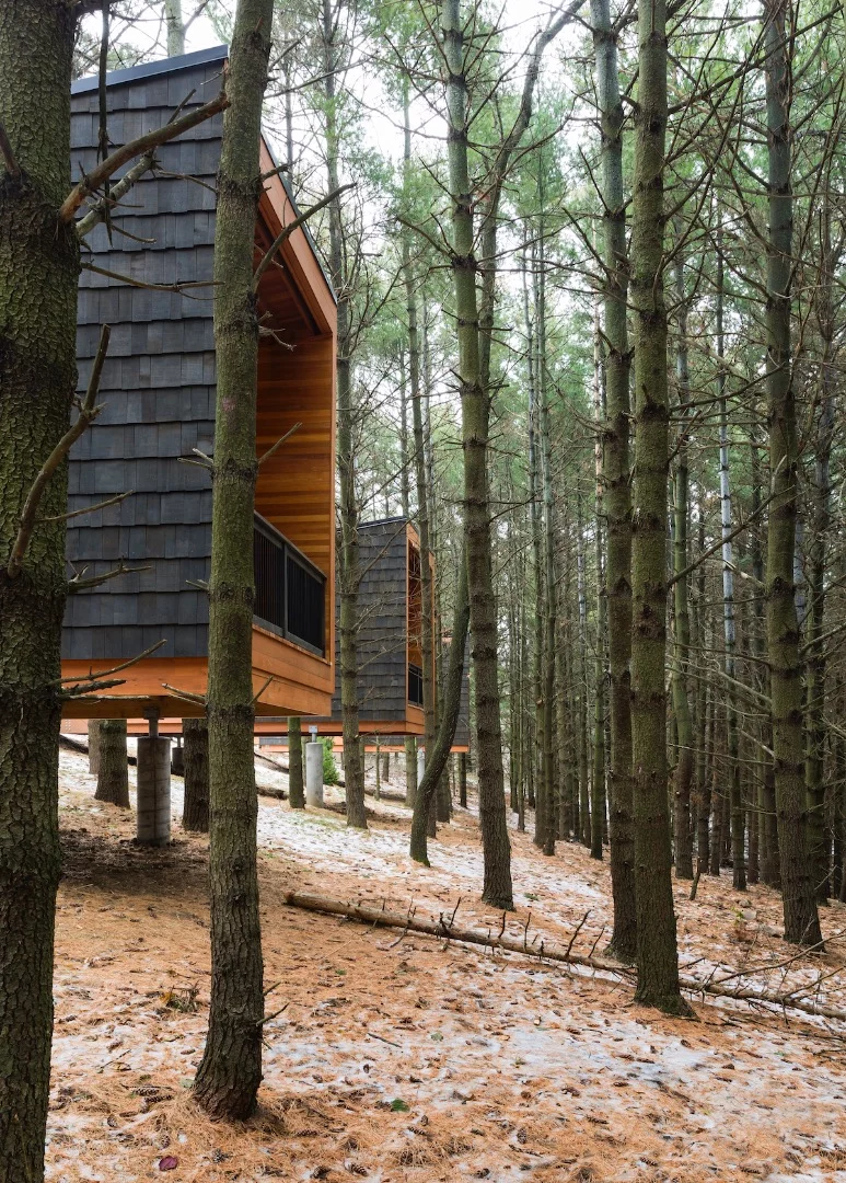 Situated on a sprawling 456 acre (184.5 hectare) plot in Farmington, Minnesota, HGA's Whitetail Woods Regional Park and Camper Cabins riff on the idea of a treehouse