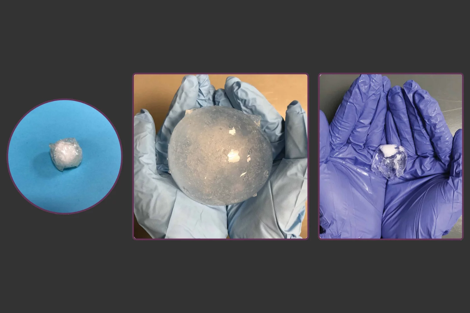 A series of images showing a pill prior to hydration (left), a swollen pill (middle), and pill that has been shrunk (right)