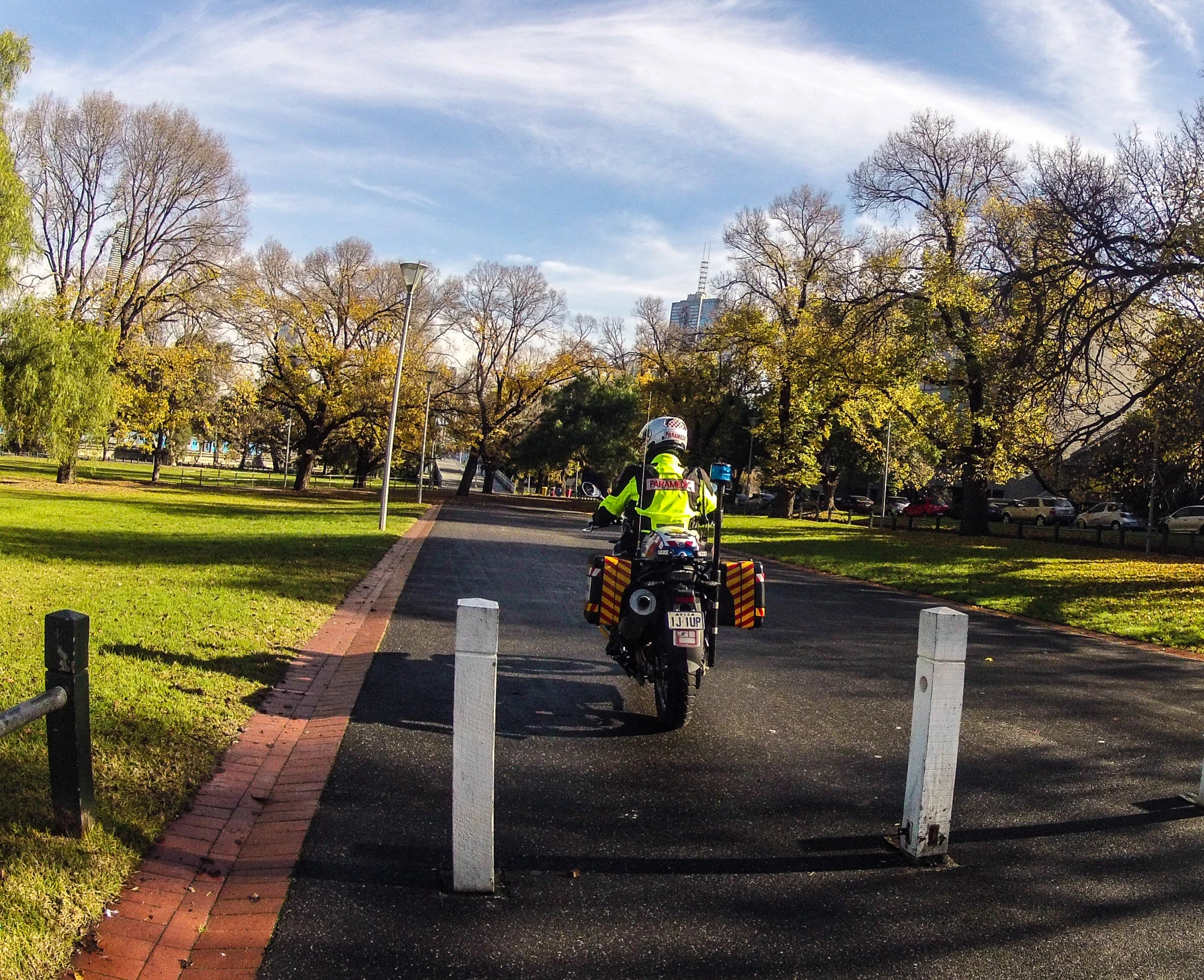 "Great shot! A perfect example where there's bollards. A traditional ambulance would have to stop and wait for security to come and lift up those bollards or unlock the padlocks, or you might wait for them to electronically lower the bollards. We can go anywhere a pedestrian can, more or less."