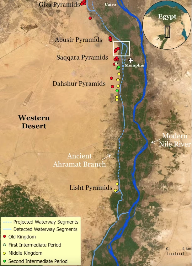 A map showing the proposed site of the newly discovered branch of the Nile, and how it snaked past many pyramid sites