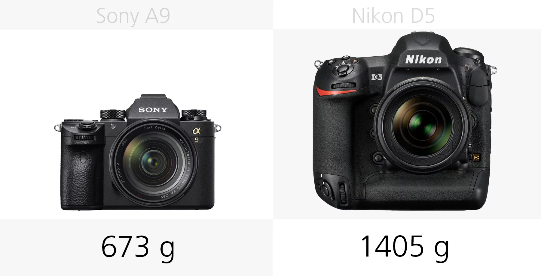 The weight of the Sony A9 and Nikon D5 compared