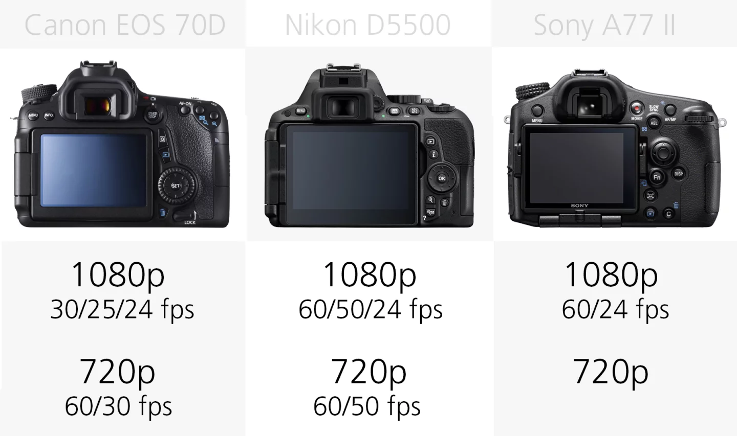 Video recording comparison (Canon EOS 70D, Nikon D5500, Sony A77 II)