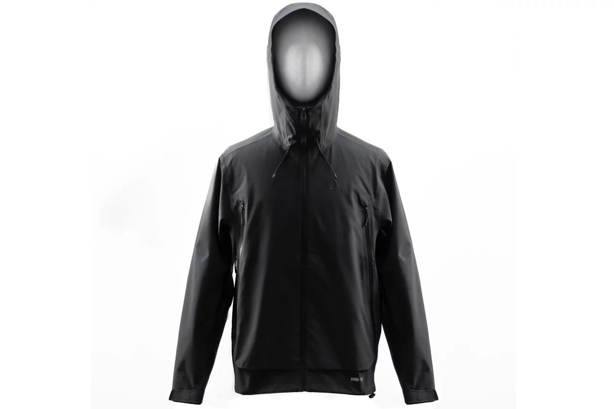 The jacket looks more like an outdoorsy-type rain fly than it does the ninja-type. Blending in is part of Armor-Tex's anti-stab strategy
