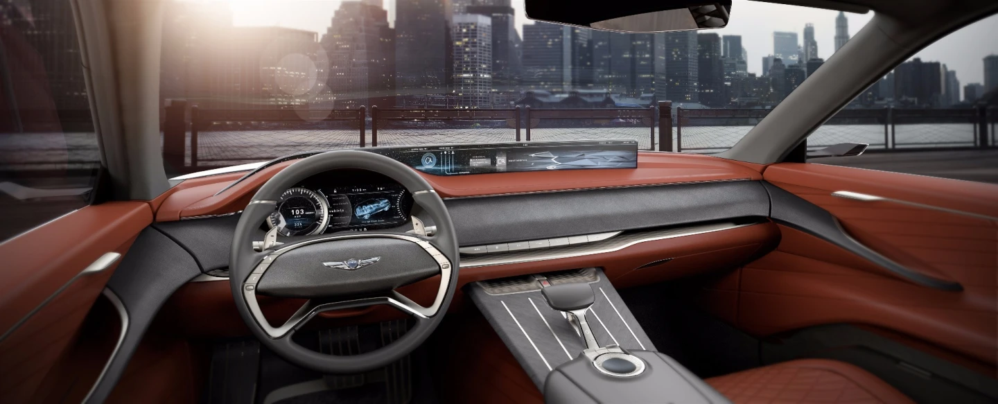 The stretched, wraparound dashboard defines the front cabin