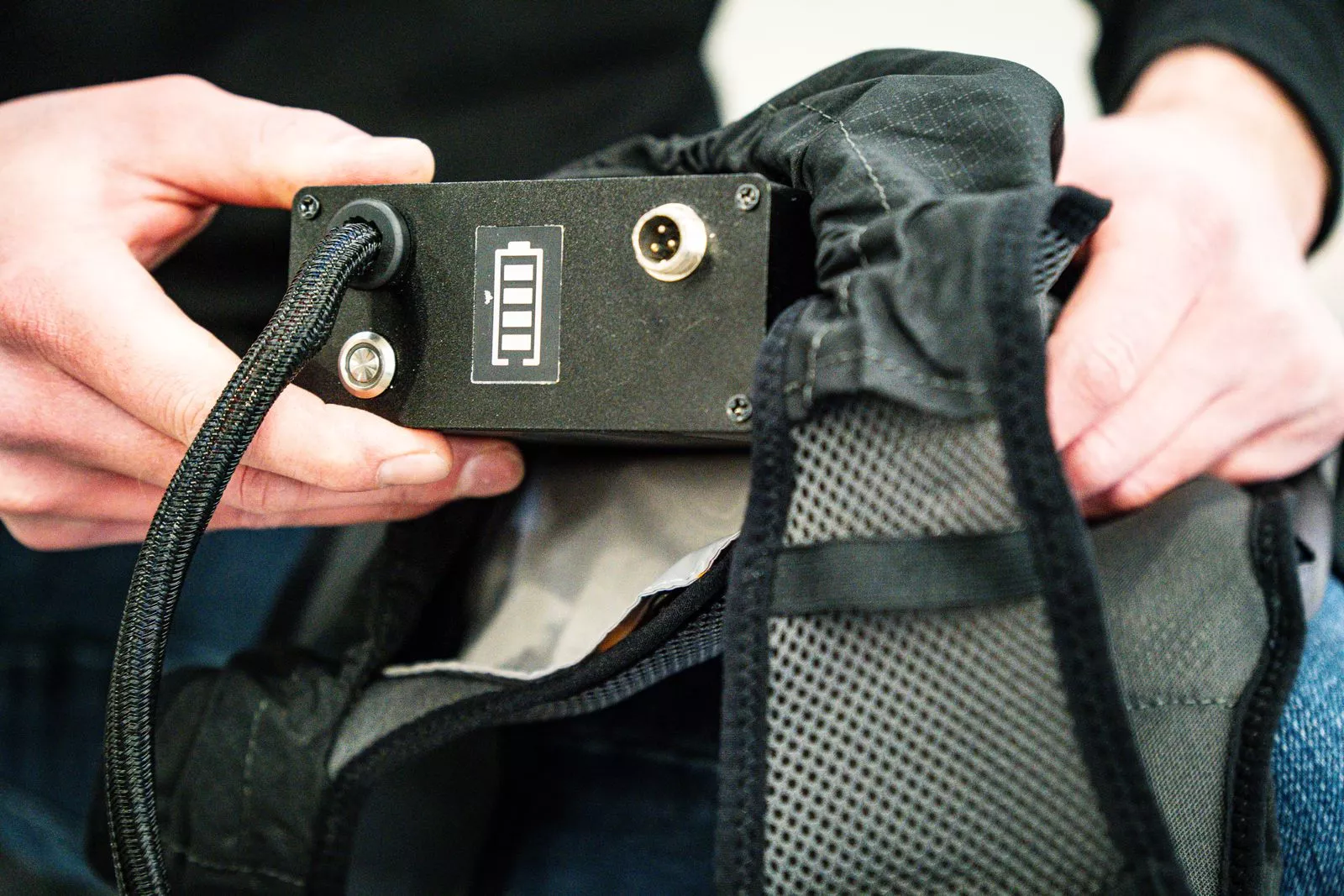 The battery is carried in a backpack, which admittedly does make its charge indicator a bit difficult to see while skating