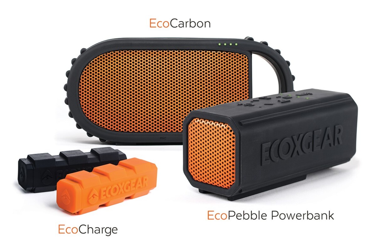 Ecoxgear's latest products include the Sol Jam (not shown), EcoCarbon, EcoPebble Powerbank, and EcoCharge external battery