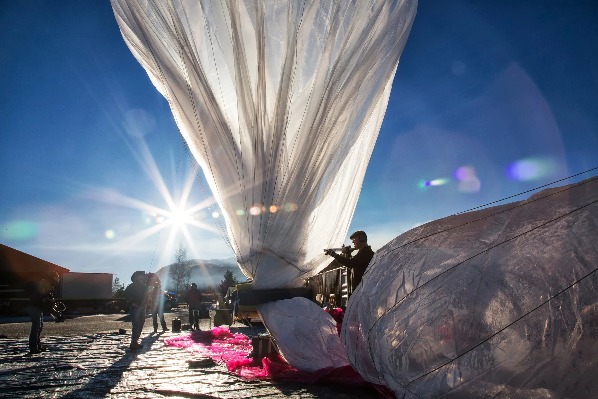 Each balloon's envelope is made from sheets of polyethylene plastic and measures 15 x 12 m (49.2 x 39.4 ft) when inflated