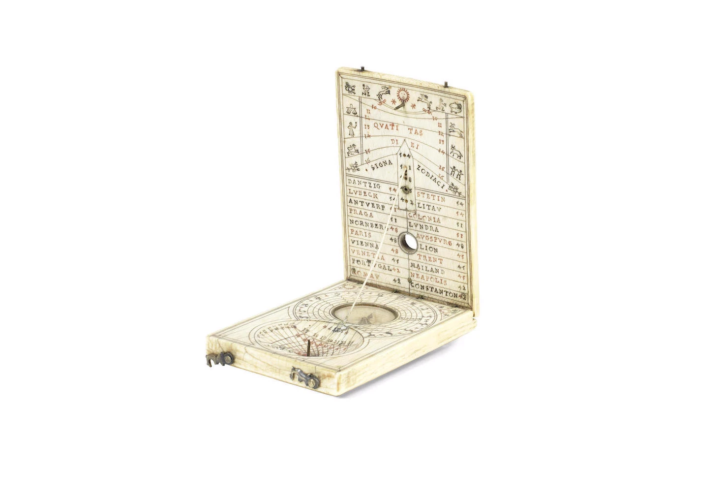 Diptych sundials like this one, where a vertical and horizontal dial are hinged together in a pocket-sized package, were fashionable in the 16th and 17th centuries.model is expected to sell for at least US$6,100