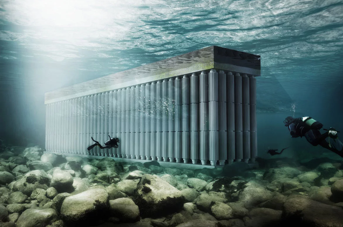 The Parthenon Floating Sea Wall concept is a speculative idea designed to act as an electricity generator using tidal energy