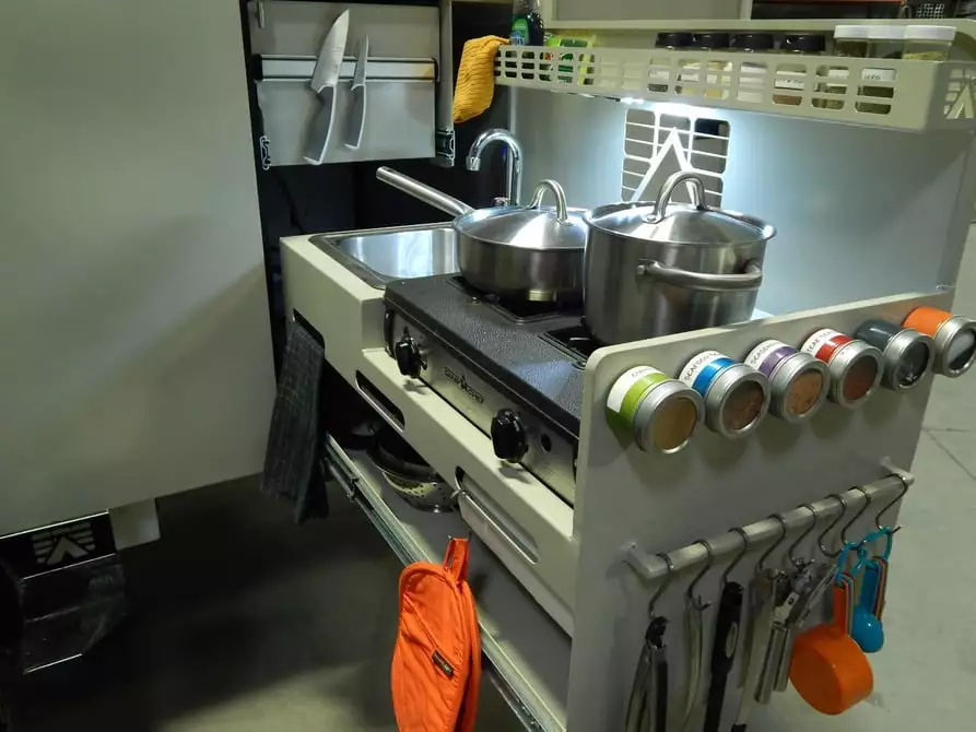The available roll-out kitchen brings an organized food prep area to the BorderLand trailer