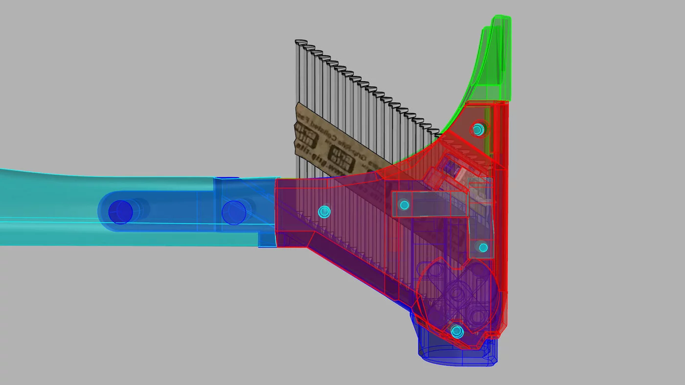 Michael Young's single-handed hammer works with standard strips of collated nails designed for nail guns