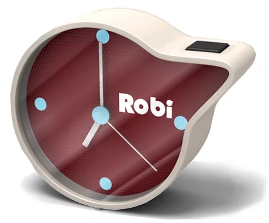 A custom clock made in the shape of Robi's head