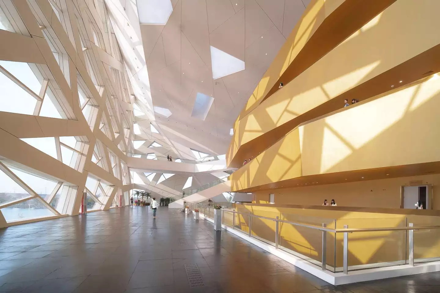 The Hangzhou Yuhang Opera's facade creates interesting light and shadows inside