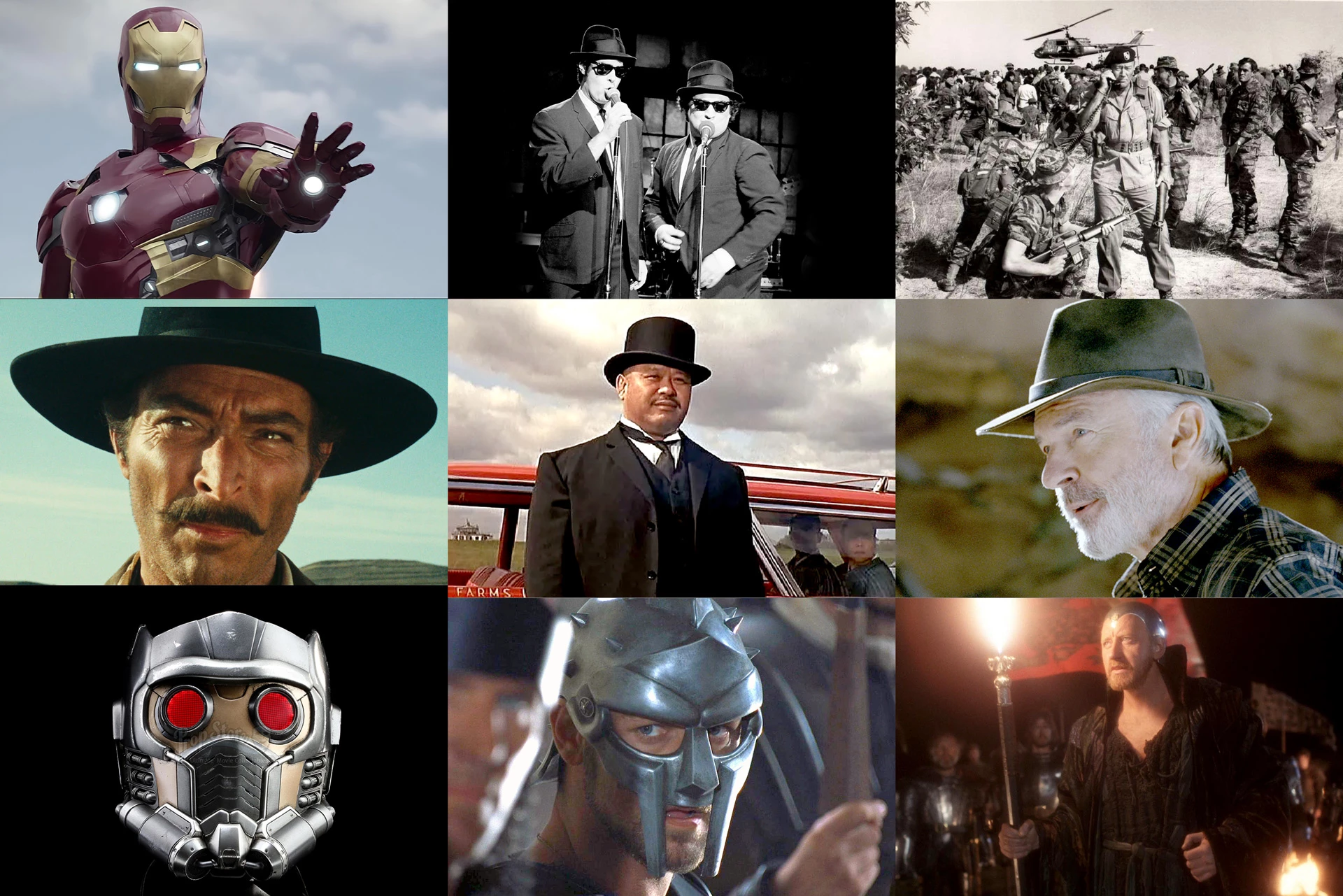 Iron Man, Blues Bros, Green Beret, Snake Eyes, Oddjob, Sam Niell, Star-lord, Gladiator, Merlin