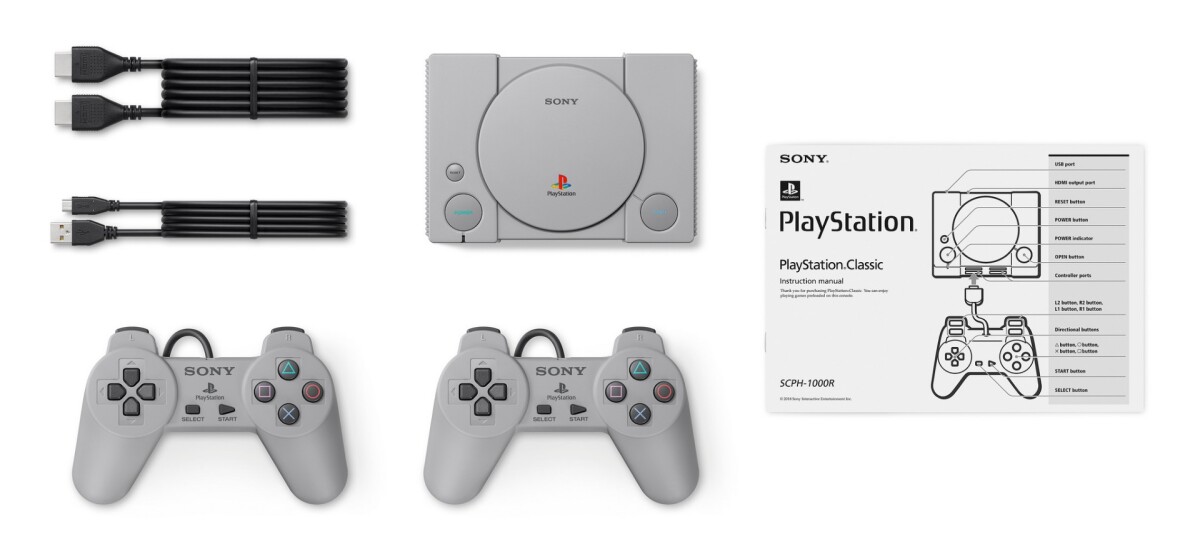 The PlayStation Classic includes two controllers, a USB cable for power and an HDMI cable to output to a TV
