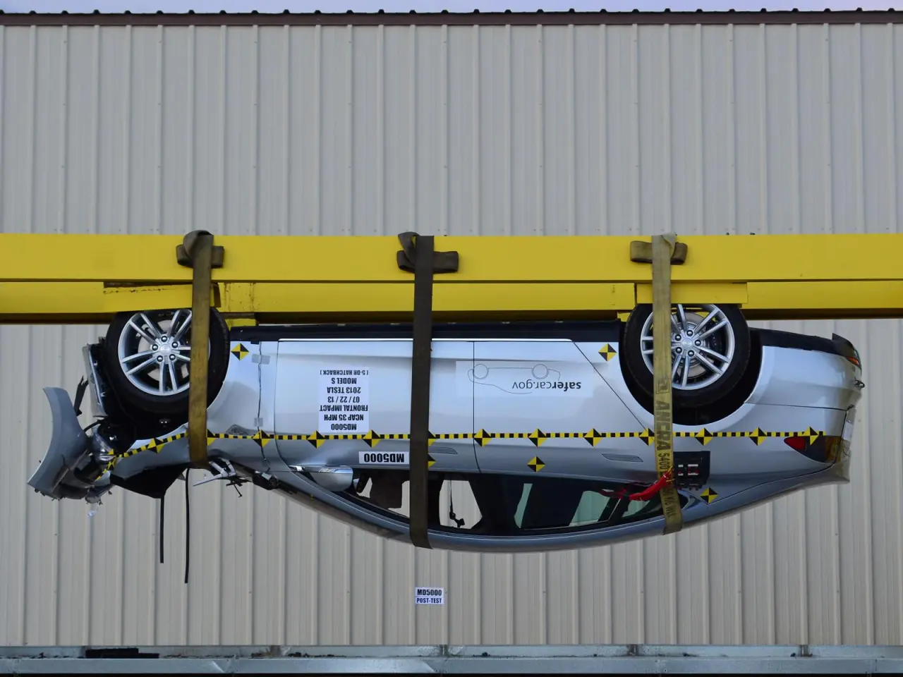 The Model S was tested at just over 4 g of force on the roof ... before the testing rig failed (Photo: NHTSA)