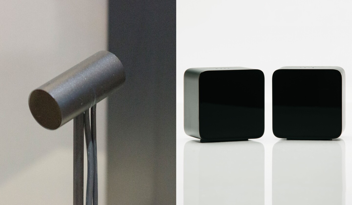 An Oculus Rift positional sensor (left), and two HTC Vive Lighthouse stations