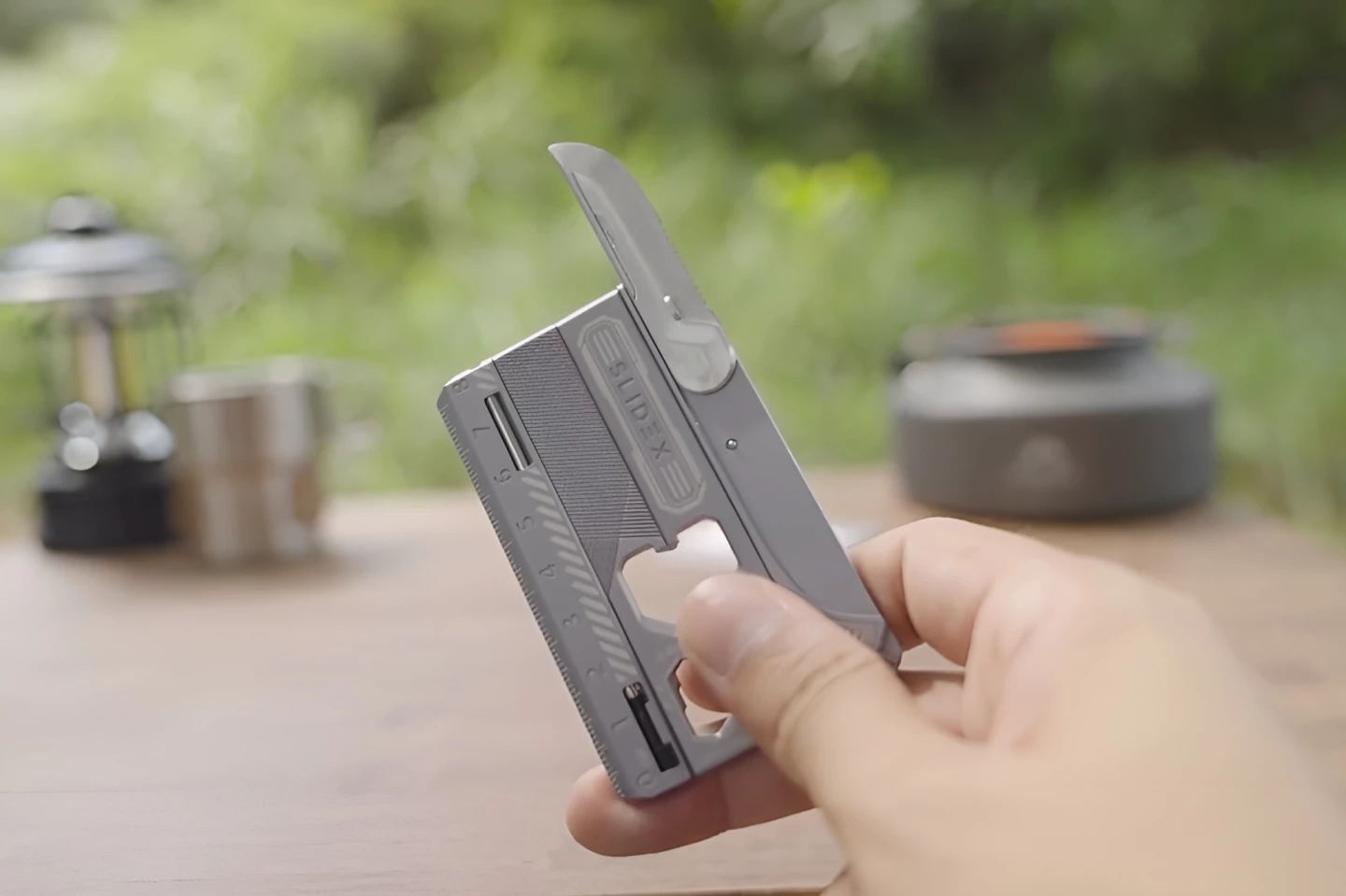 Shown here in its flat configuration, the Standard model of the Slidex multitool packs 12 functions – including a fold-out blade