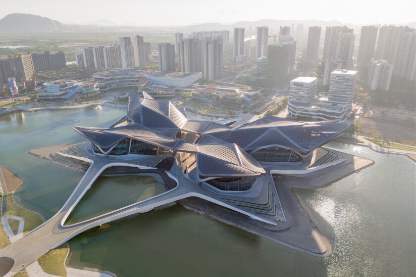 Zaha Hadid Architects has finished the Zhuhai Jinwan Civic Art Centre, characterized by a visually striking design inspired by the unique chevron patterns of migrating birds. The structure is crowned with four steel roof canopies designed to offer shade in the subtropical climate of southern China.