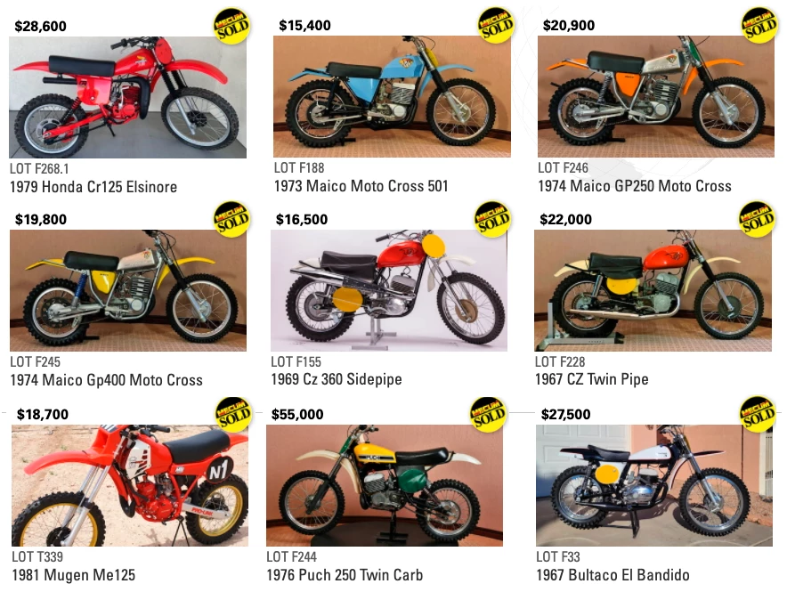 Vintage dirt bikes dramatically rose in value at Mecum's Las Vegas auction in 2022, partly because many were on offer, but mainly because demand had grown disproportionately.