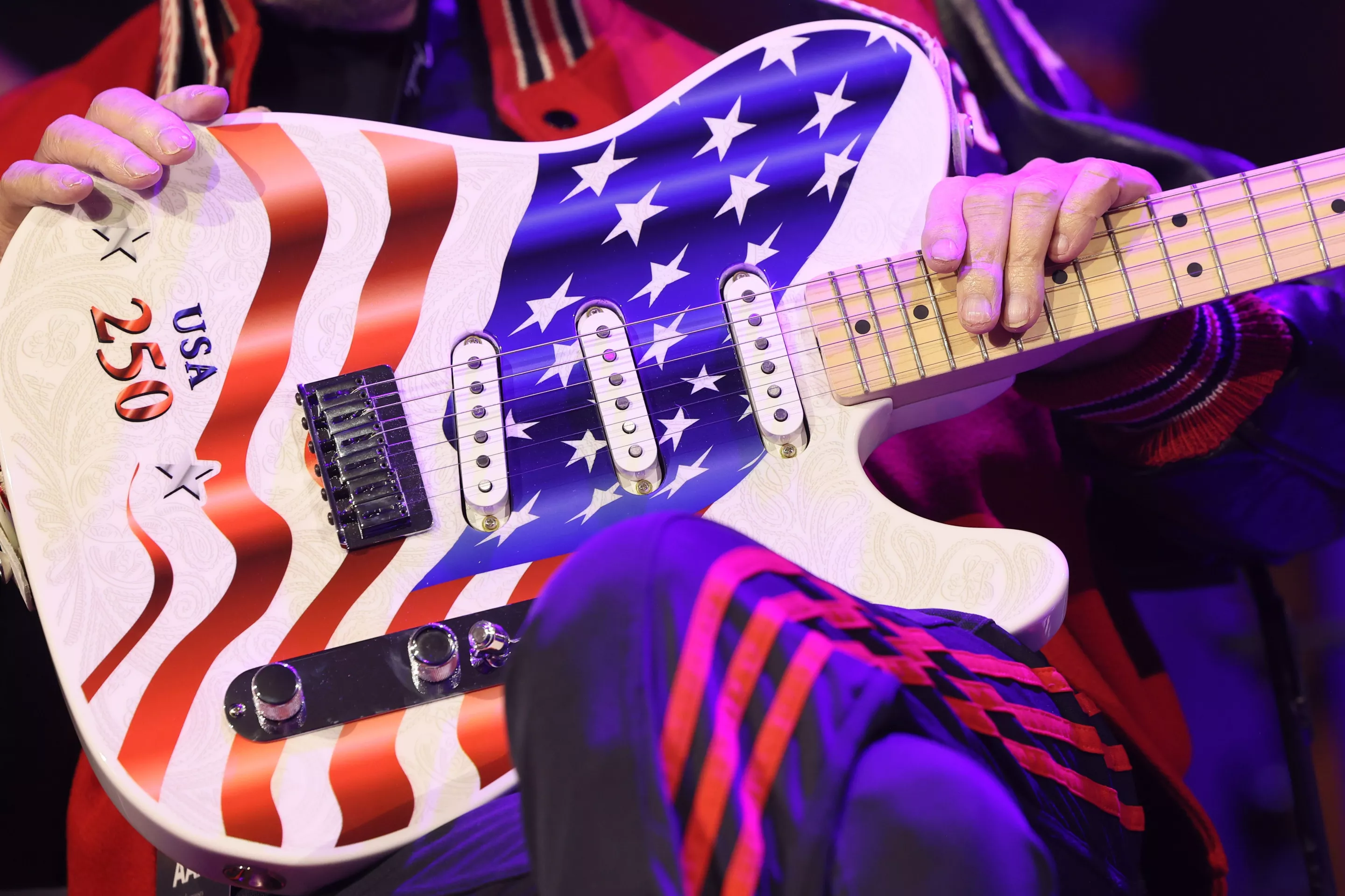 2026 marks the 250th anniversary of American independence from Great Britain, as noted by this special Fender Telecaster - in the hands of James Burton at the model's 75th birthday bash in Nashville recently