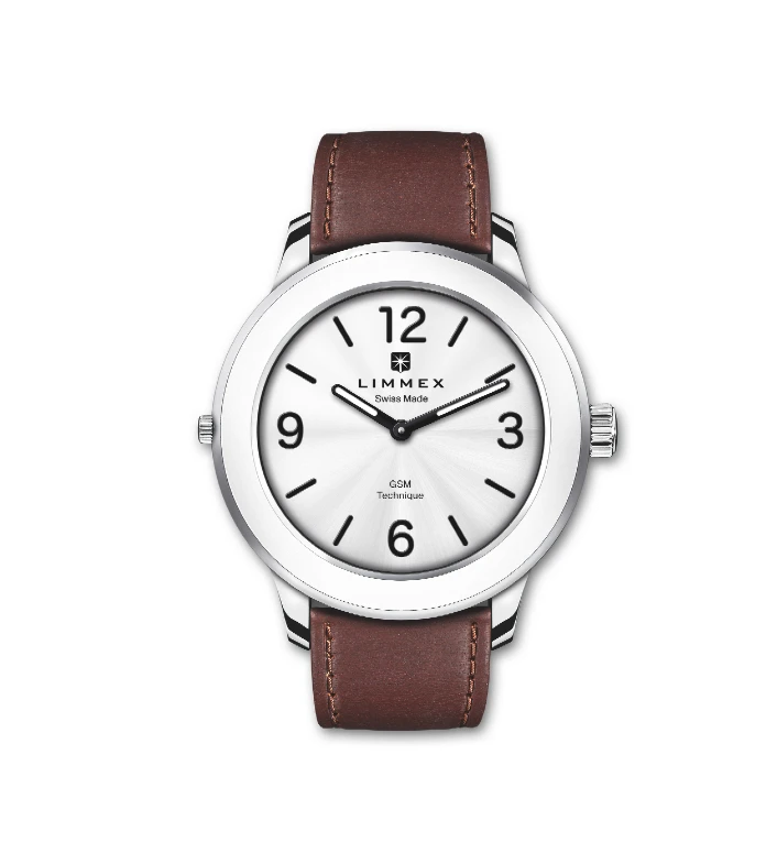 The Limmex has a clean metal-and-leather Swiss watch look that is much more refined than the average telephone watch