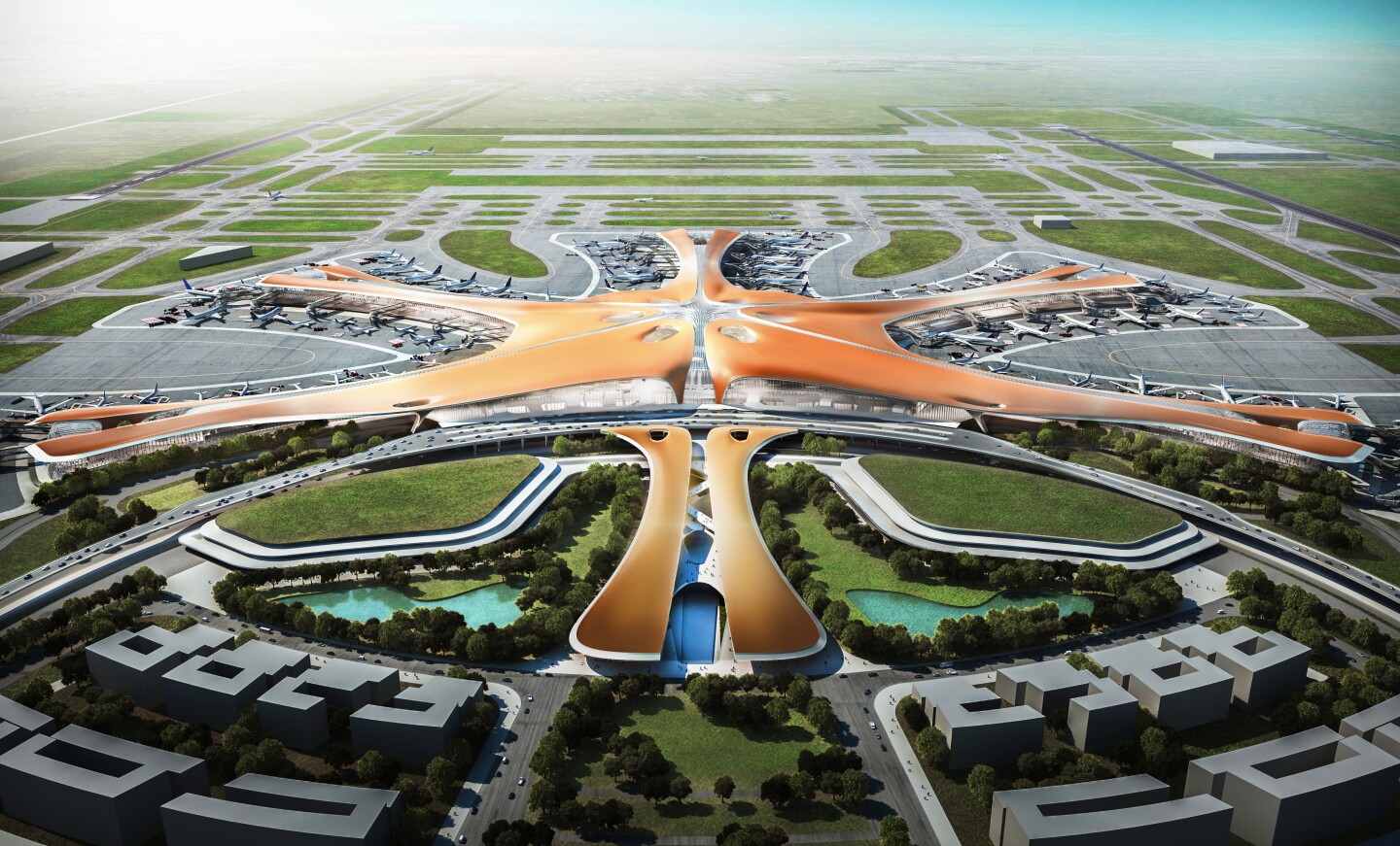 The Beijing New Airport Terminal Building will be constructed in Beijing's Daxing District and take the form of a massive mutant starfish (Image: Zaha Hadid Architects)