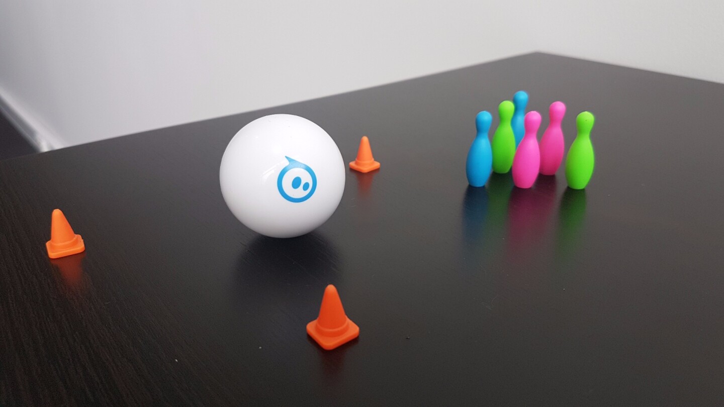 The Sphero Mini comes with a set of traffic cones and bowling pins, to navigate the ball between