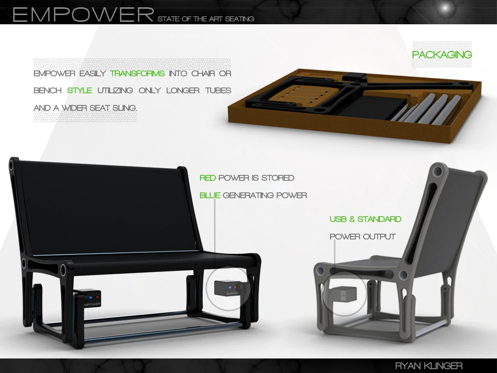 The Empower chair comprises a flat-pack chair of tubes and a sling seat that folds out to a bench-style glider seat