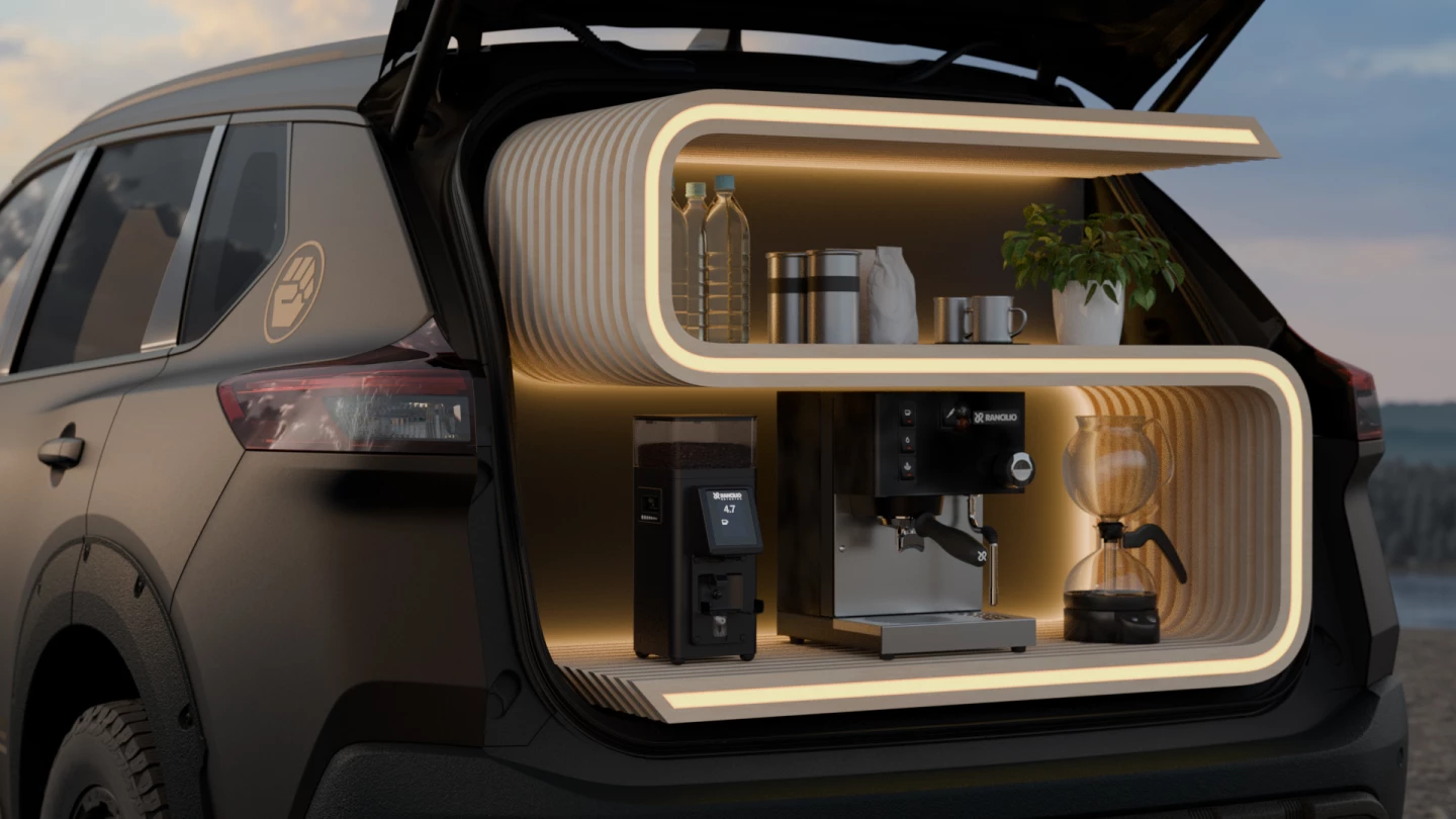 We don't like the idea of driving with any of that, but it certainly makes a high-end outdoor coffee bar