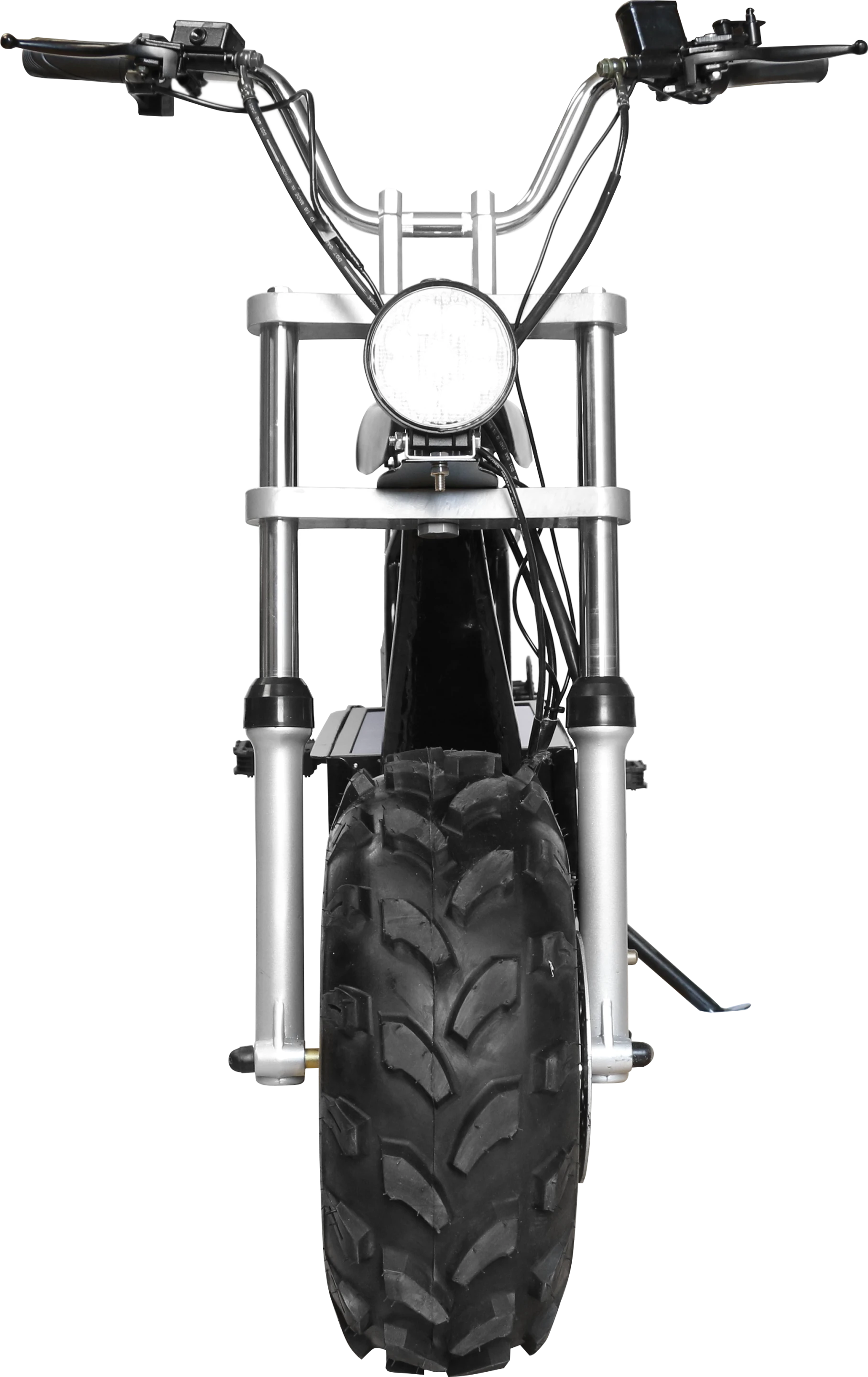 Inverted suspension forks hold the first of the 10-inch alloy rims and bear a 4,500 lumen LED headlight on the front