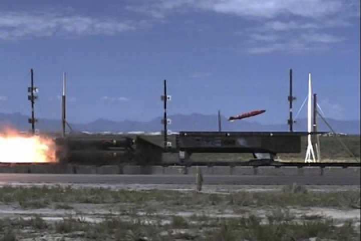 A rocket sled employing active flow control releases a MK-82 at Mach 2 Photo: U.S. Air Force