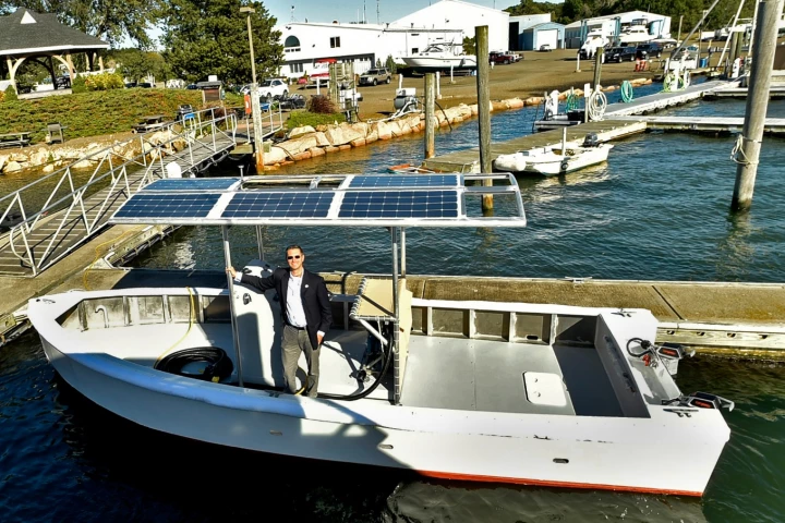 The solar-electric pump-out boat was developed by the East Shore District Health Department and Yale University's School of Public Health