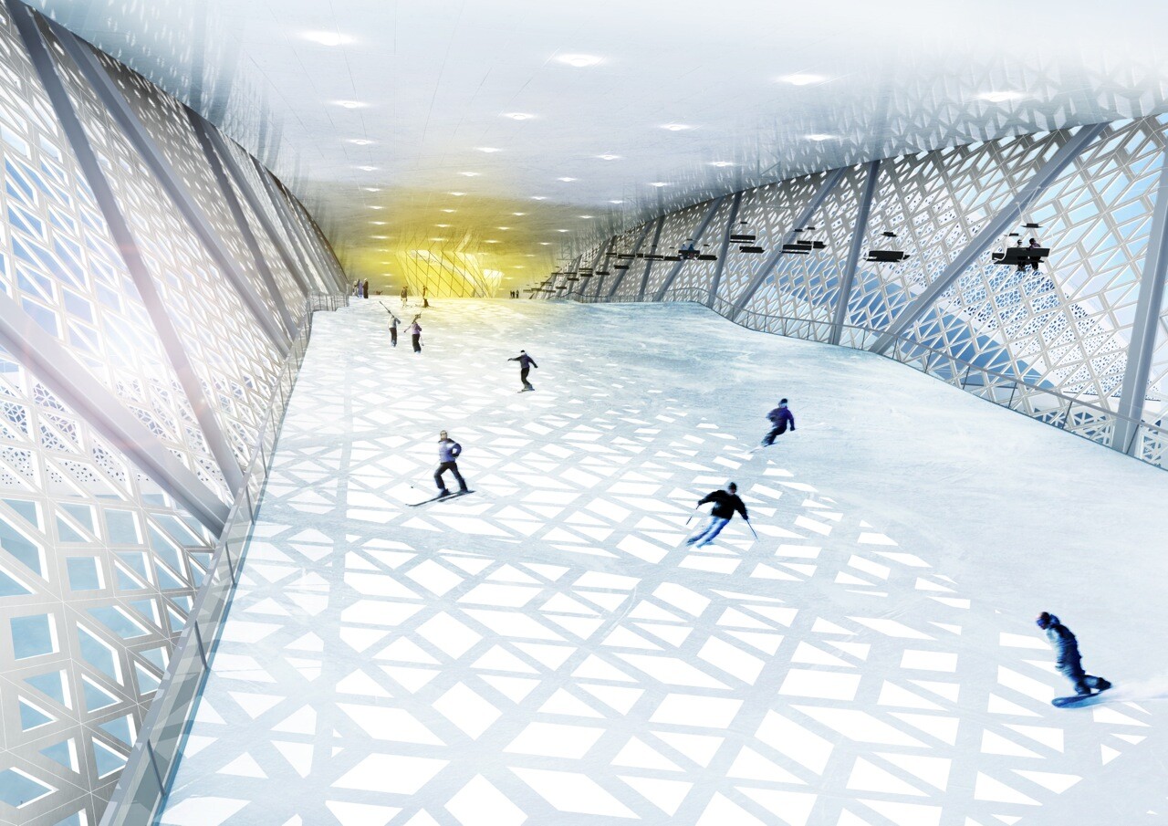 Skiers will experience real snow on 3 km (1.86 miles) of indoor and outdoor slopes whilst viewing the surrounding region through the perforated façade (Photo: CEBRA)