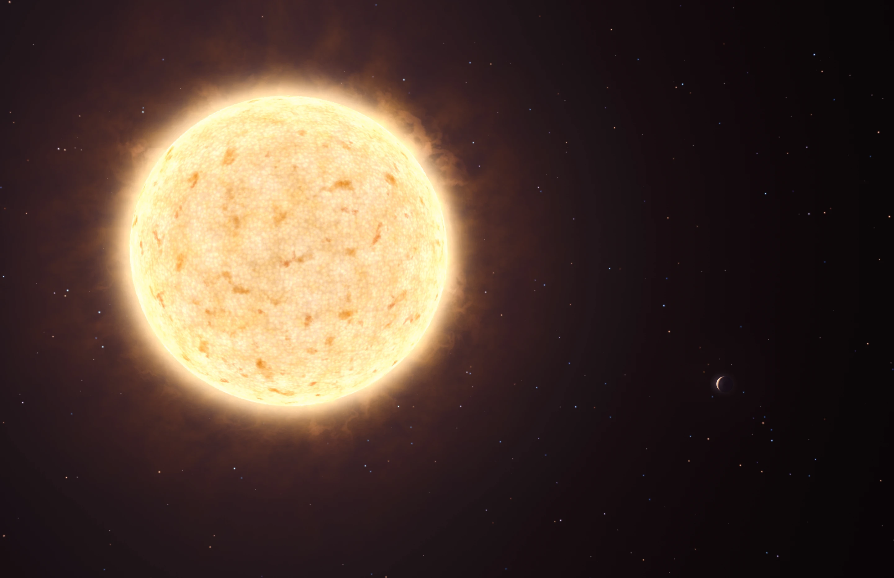 Artist's impression of the yellowish star HIP 13044 and, on the bottom right, its planet HIP 13044 b (Credit: ESO/L. CalÃ§ada)