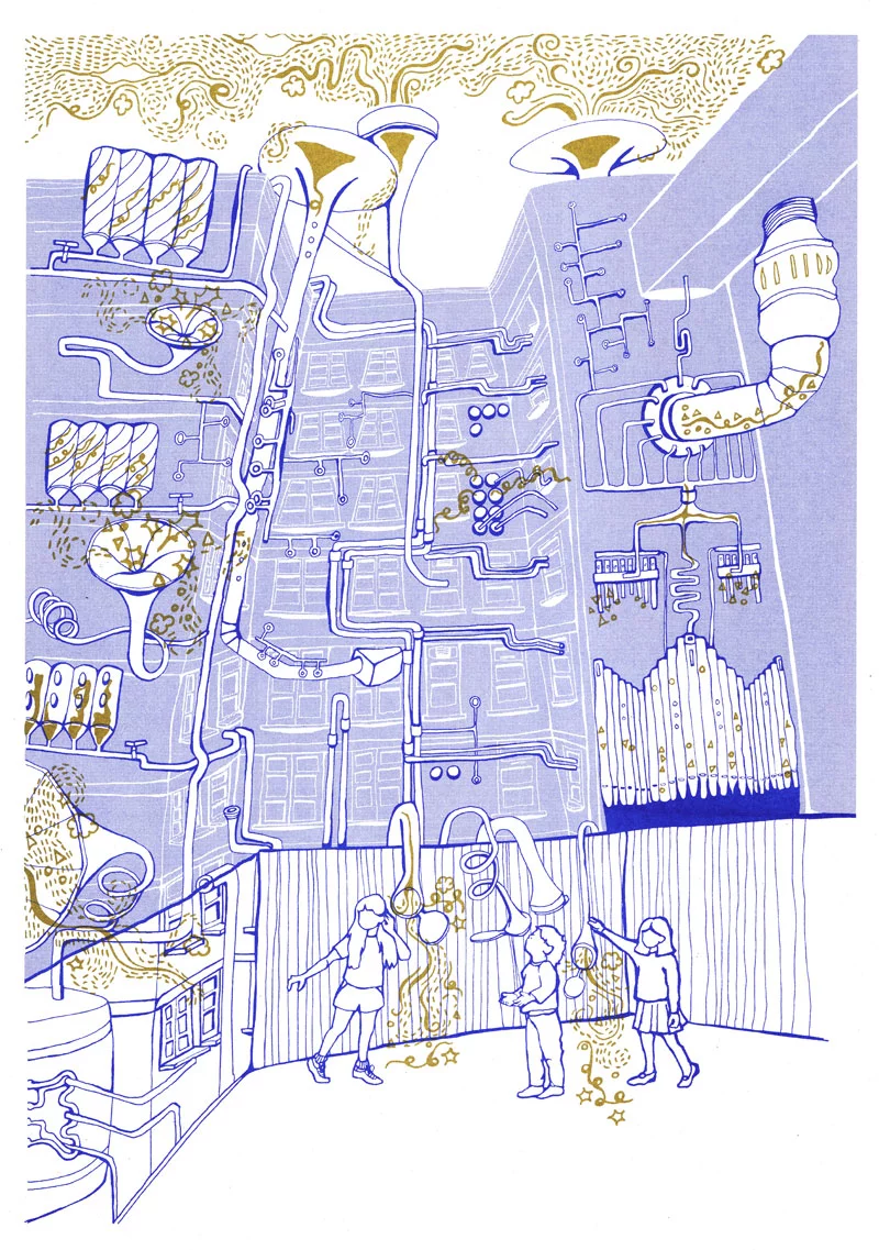 Sketch depicting balcony view of the Lullaby Factory