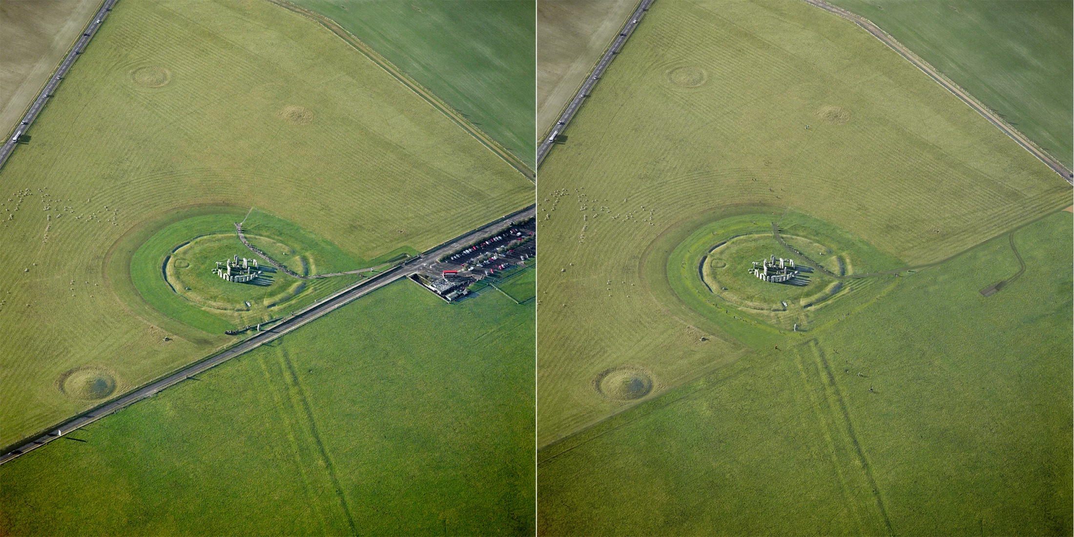 An aerial view of the site as it is today, with the road cutting through the ancient processional route (left) and an aerial rendering of how the ancient processional route will be restored once the road has been re-planted (Image: Denton Corker Marshall)