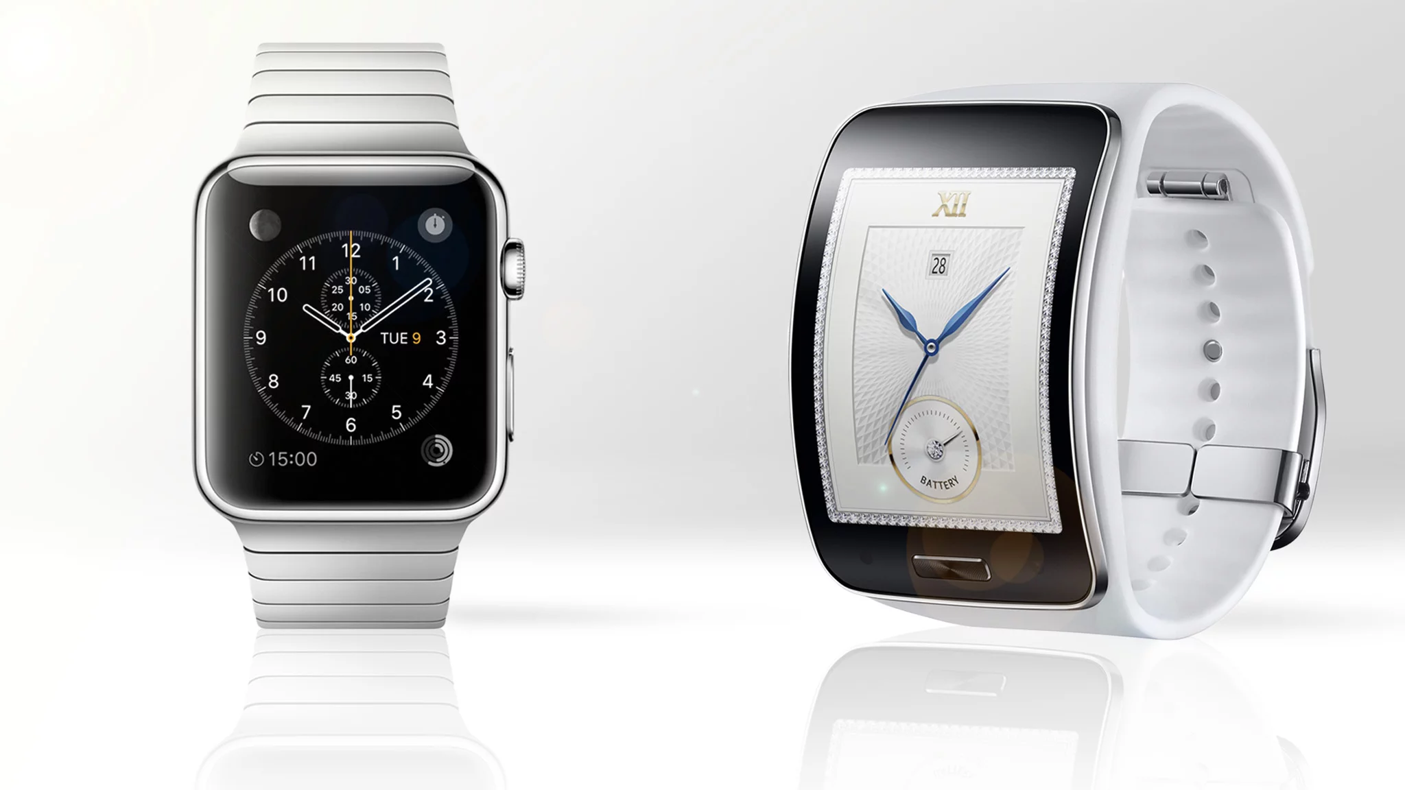 Gizmag compares the features and specs of the Apple Watch (left) and Samsung Gear S smartwatches
