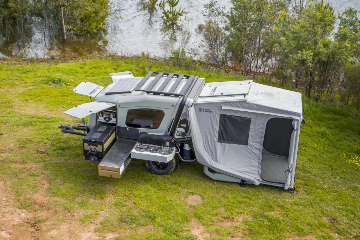 Australian-spec Earth Camper set up into full base camp form - the American version has a more compacted, straight-sliding outdoor c