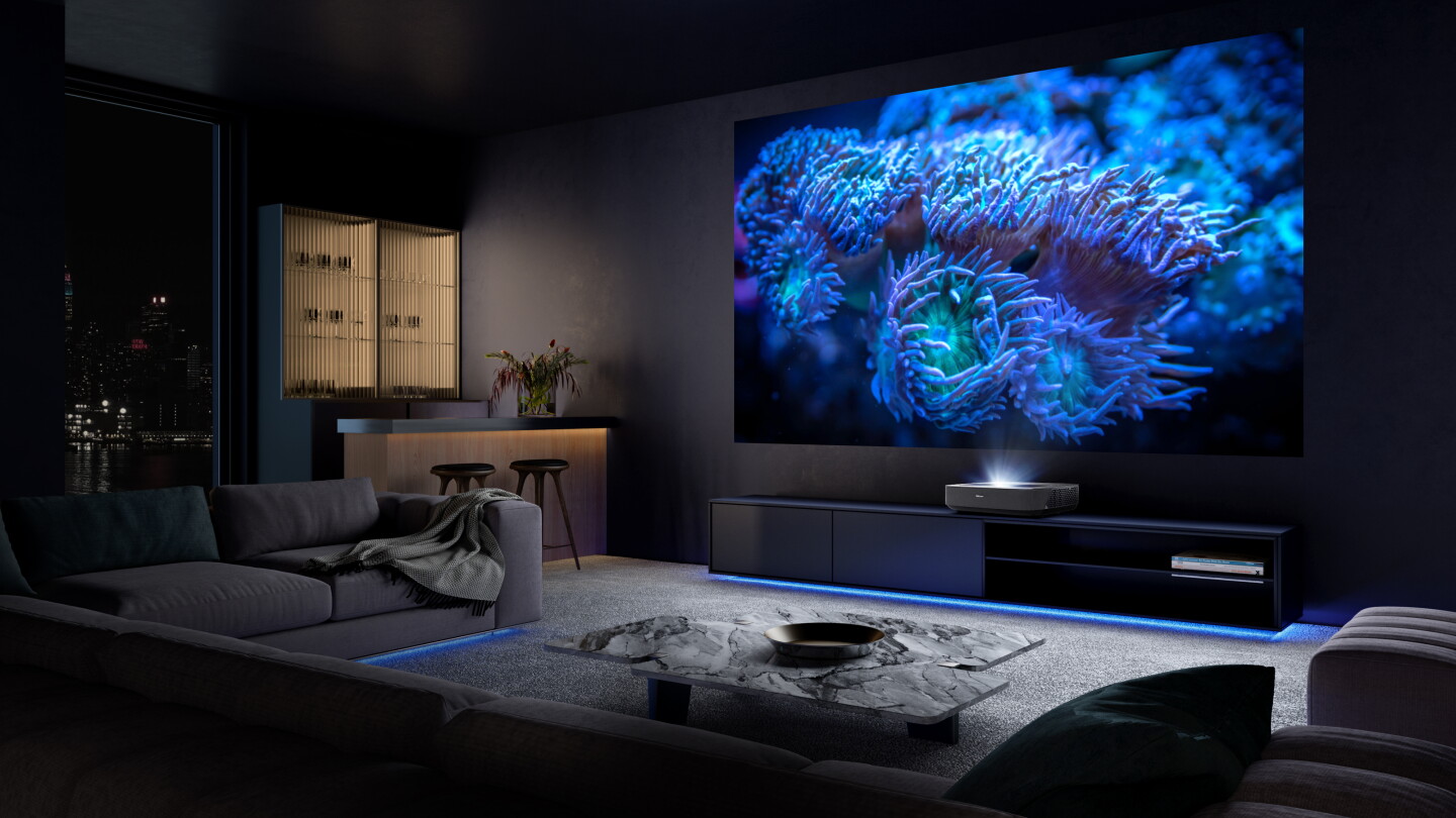 The PL1 Laser Cinema Projector features motorized focus and an adjustable lens for 4K visuals from 80