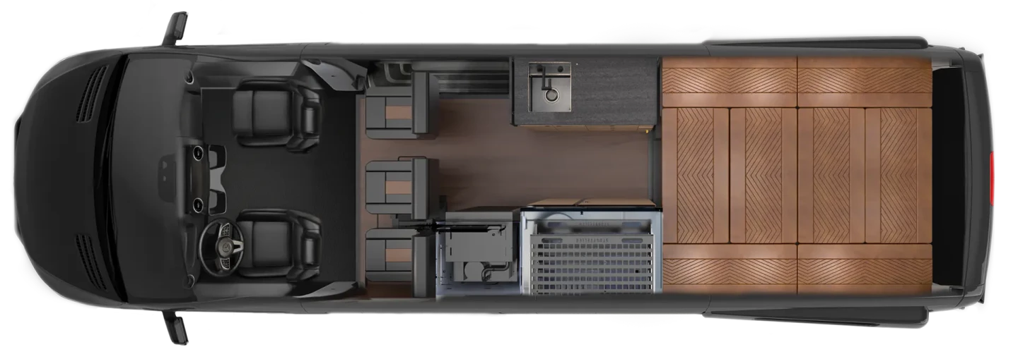 Rear elevated bed set up, three captain's chairs positioned facing drive direction, and wet bathroom outfitted into a drying closet with shelves