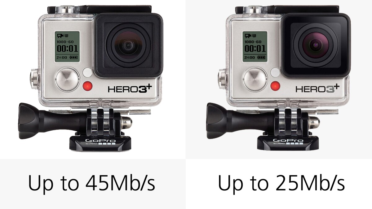 The various GoPro cameras offer differing high bitrate video recording (H.264), from 25 Mb/s to 60 Mb/s