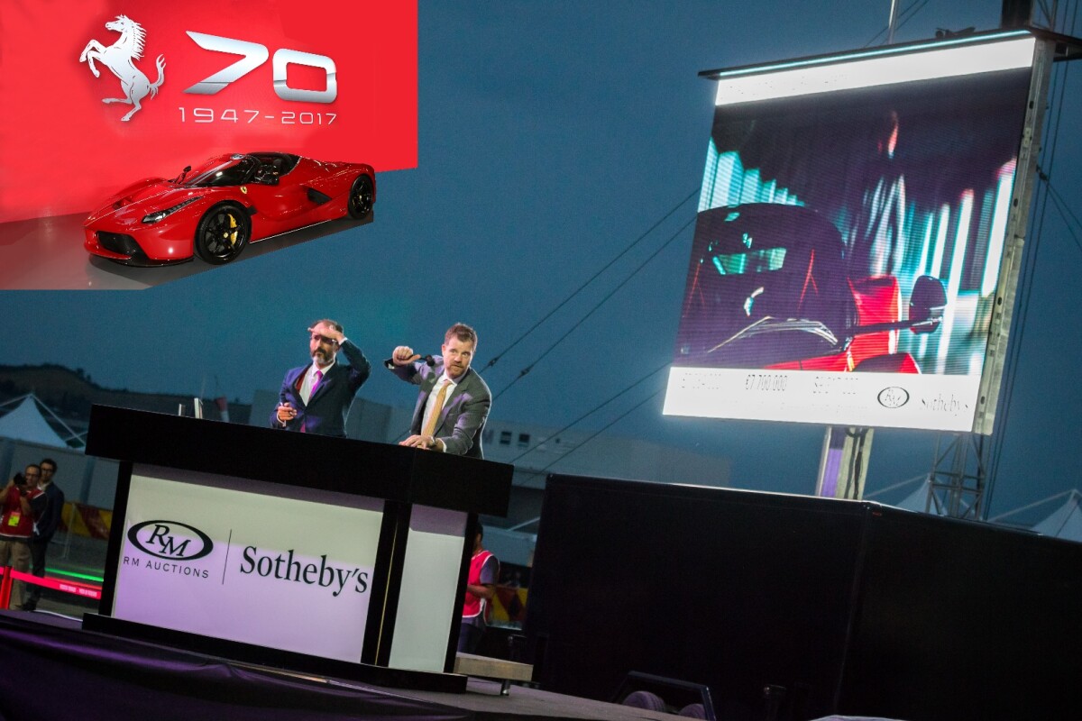 The record price for a new car at auction and the record price for a 21st century car at auction both fell at RM Sotheby's Leggenda E Passione sale on September 9, 2017, when a new 2017 LaFerrari Aperta fetched €8,300,000 (US$9,989,582). The yet-to-be-built auction car was the 210th and only unsold LaFerrari Aperta and went well past its estimate of €3,000,000 to €4,000,000 (US$3.3 to $4.4 million) to capture the record previously held by a hardtop one-of-500 LaFerrari at US$7 million.