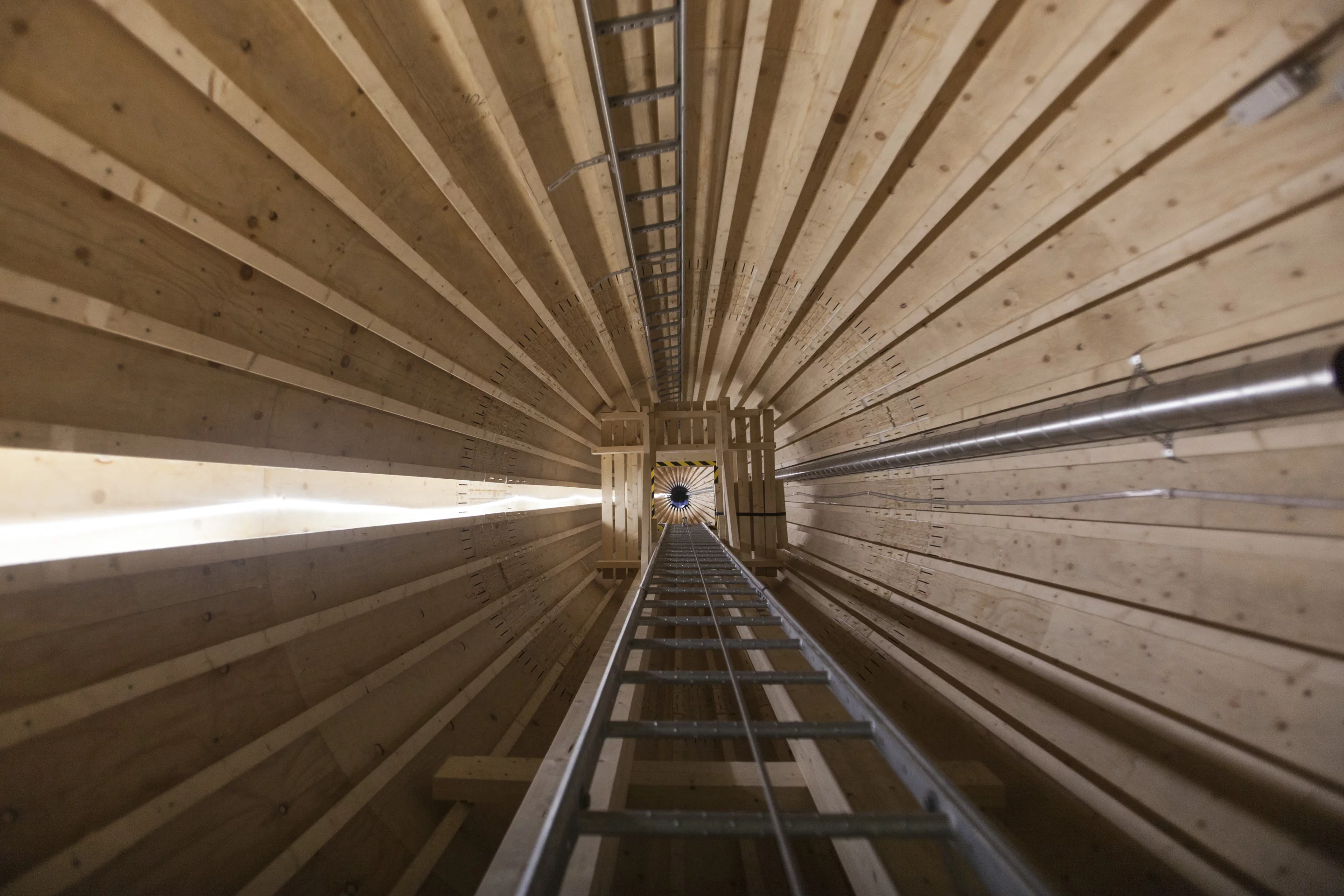 Inside the wooden wind turbine tower
