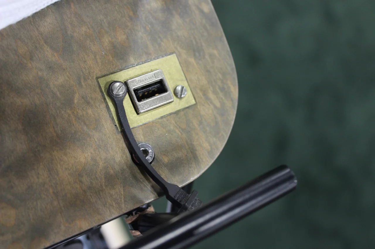 A 12-volt USB power port located in the rear rack can be used for charging devices such as smartphones while riding