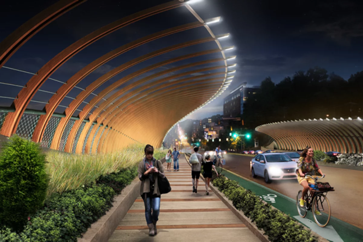 The curved steel ribs of design B for the 10th Street Bridge provide protection for pedestrians