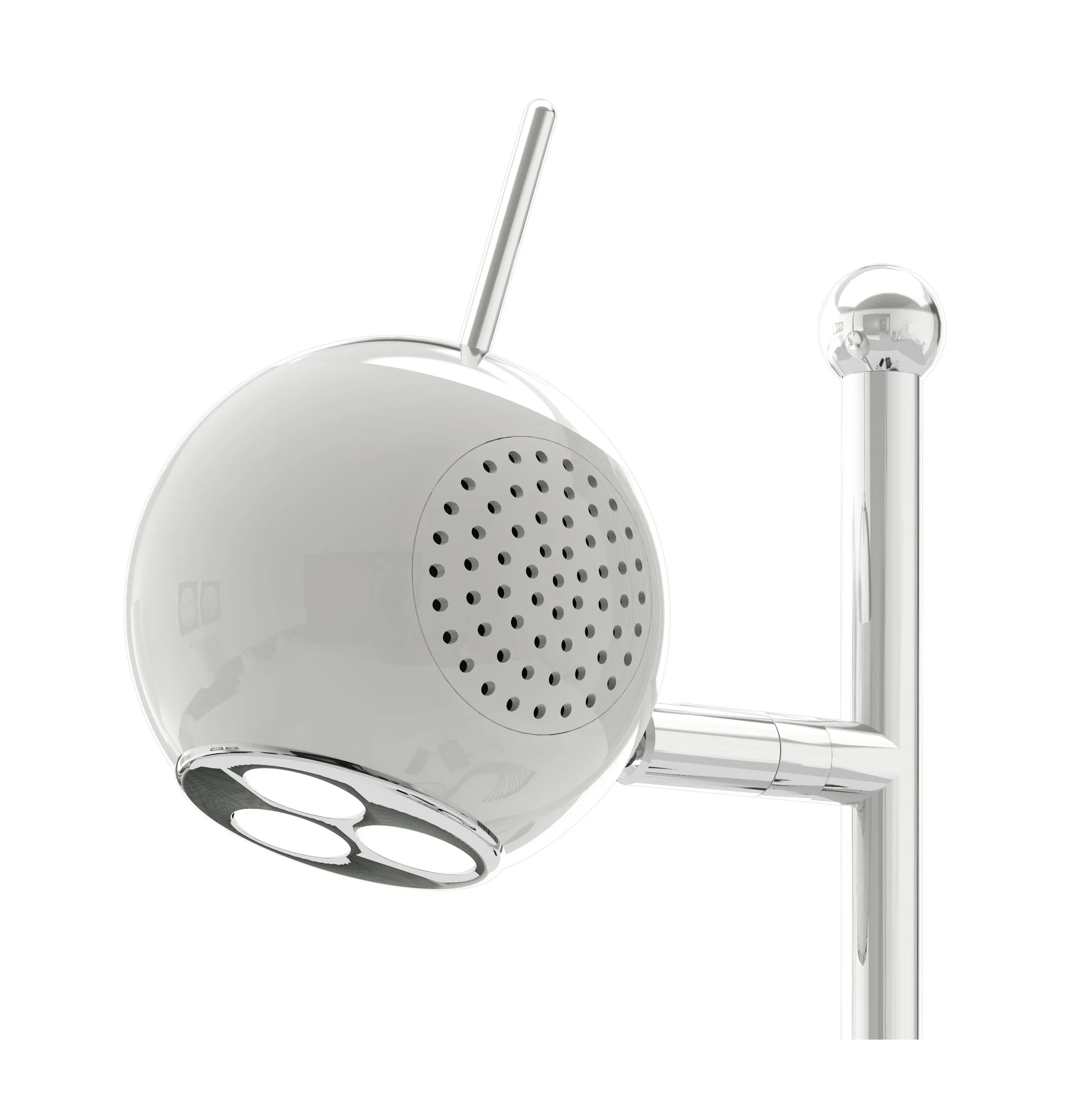 The angle-adjustable lamp casing also includes built-in stereo speakers for lsitening to a docked iPod/iPhone while it's charging